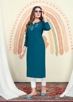 Thumbnail for Monjolika Fashion Teal Blue Maaza Cotton Hand Work With Pocket Kurti