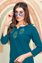 Thumbnail for Monjolika Fashion Teal Blue Maaza Cotton Hand Work With Pocket Kurti