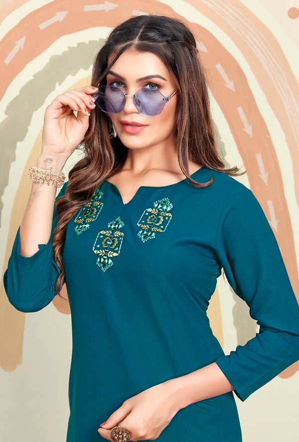 Monjolika Fashion Teal Blue Maaza Cotton Hand Work With Pocket Kurti
