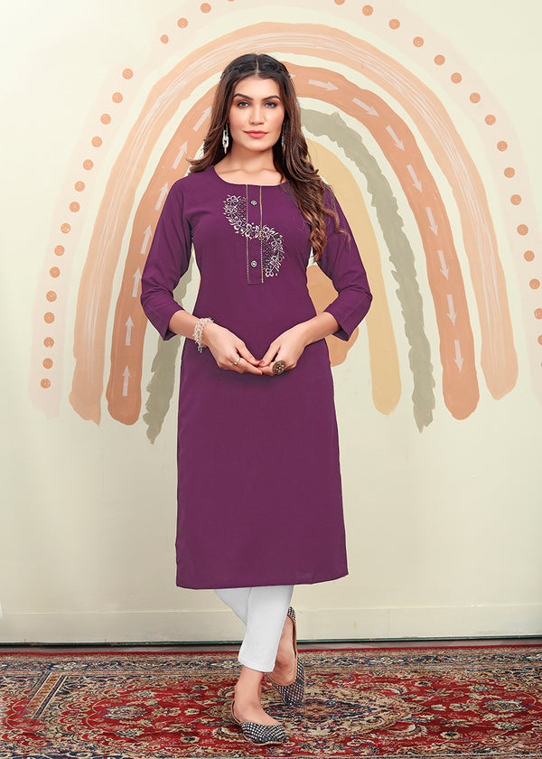 Monjolika Fashion Purple Maaza Cotton Hand Work With Pocket Kurti