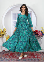 Thumbnail for Monjolika Fashion Turquoise Premium Chanderi Floral Printed Long Kurti With Dupatta