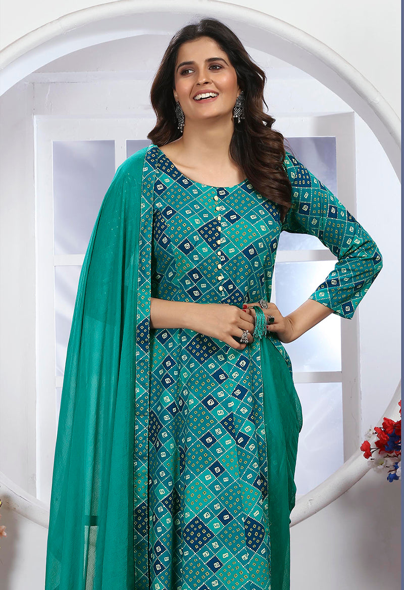 Monjolika Fashion Turquoise Premium Chanderi Floral Printed Long Kurti With Dupatta