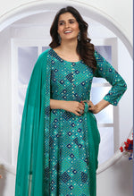 Thumbnail for Monjolika Fashion Turquoise Premium Chanderi Floral Printed Long Kurti With Dupatta