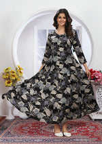 Thumbnail for Monjolika Fashion Black Premium Chanderi Floral Printed Long Kurti With Dupatta