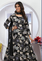 Thumbnail for Monjolika Fashion Black Premium Chanderi Floral Printed Long Kurti With Dupatta