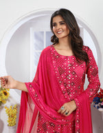 Thumbnail for Monjolika Fashion Pink Premium Chanderi Floral Printed Long Kurti With Dupatta