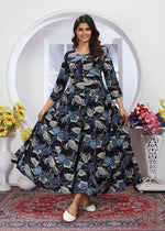 Thumbnail for Monjolika Fashion Royal Blue Premium Chanderi Floral Printed Long Kurti With Dupatta