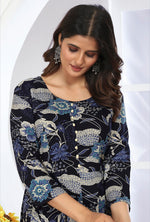 Thumbnail for Monjolika Fashion Royal Blue Premium Chanderi Floral Printed Long Kurti With Dupatta
