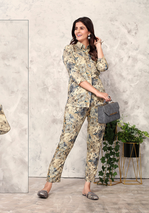 Monjolika Fashion Cream Premium Rayon Floral Printed Co Ord Set