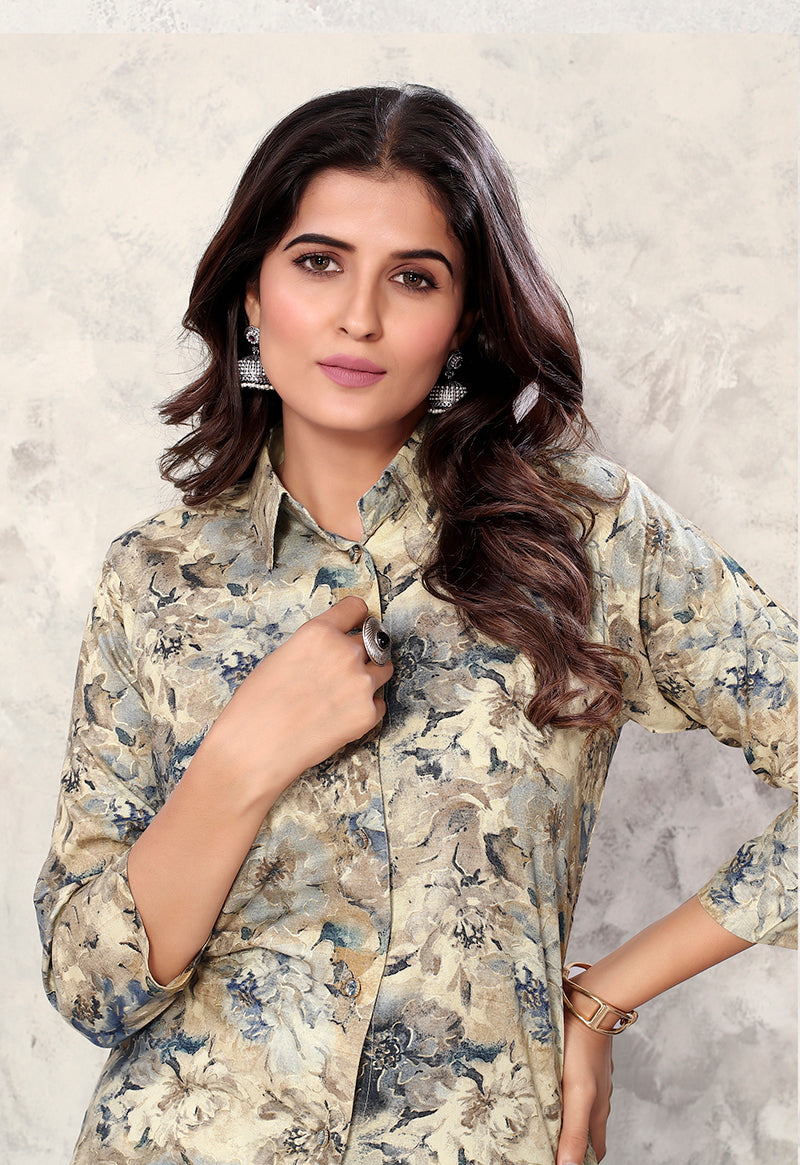 Monjolika Fashion Cream Premium Rayon Floral Printed Co Ord Set