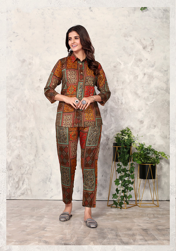 Monjolika Fashion Brown Premium Rayon Floral Printed Co Ord Set