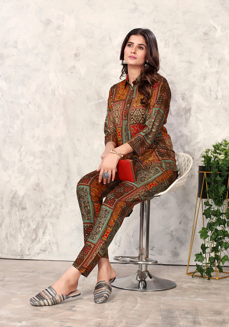 Monjolika Fashion Brown Premium Rayon Floral Printed Co Ord Set