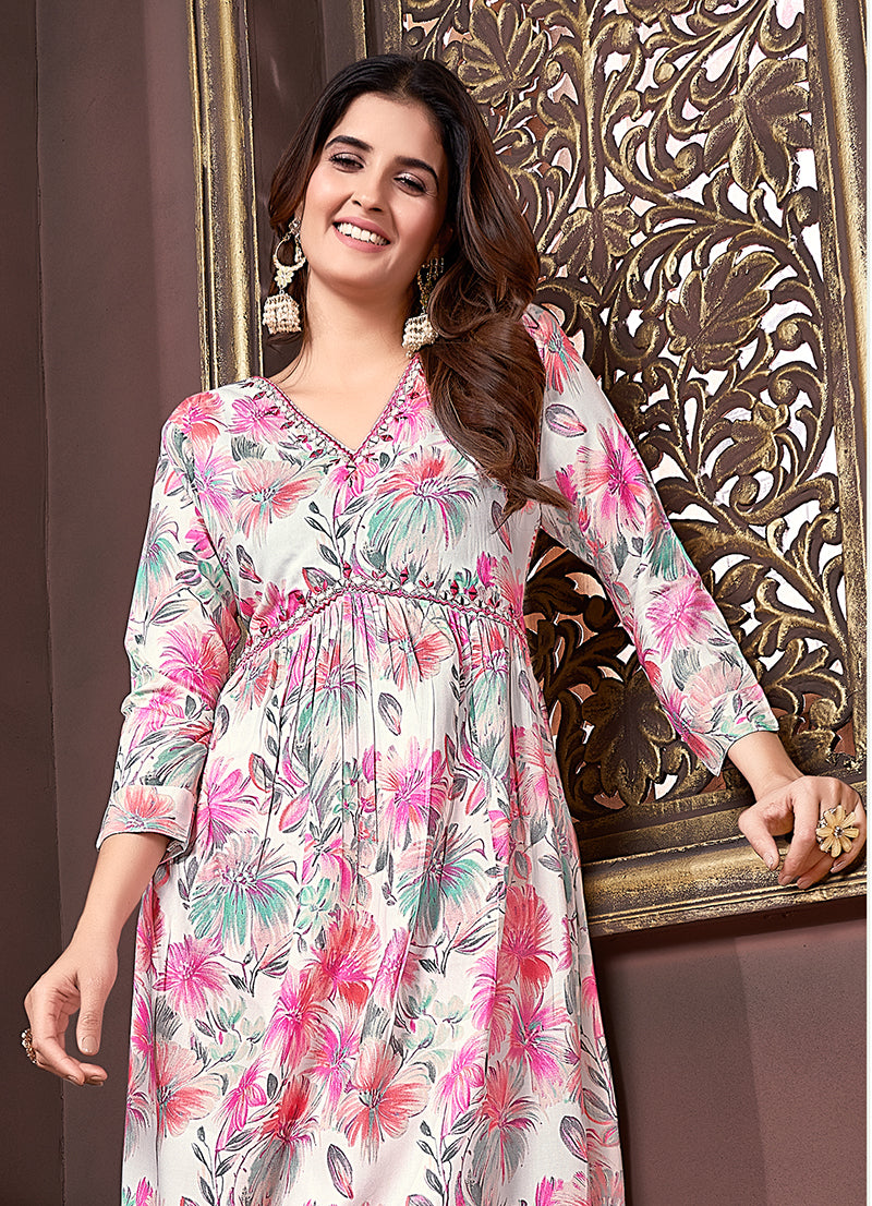 Monjolika Fashion Off White And Pink Rayon Printed Afghani Suit