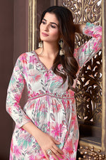 Thumbnail for Monjolika Fashion Off White And Pink Rayon Printed Afghani Suit