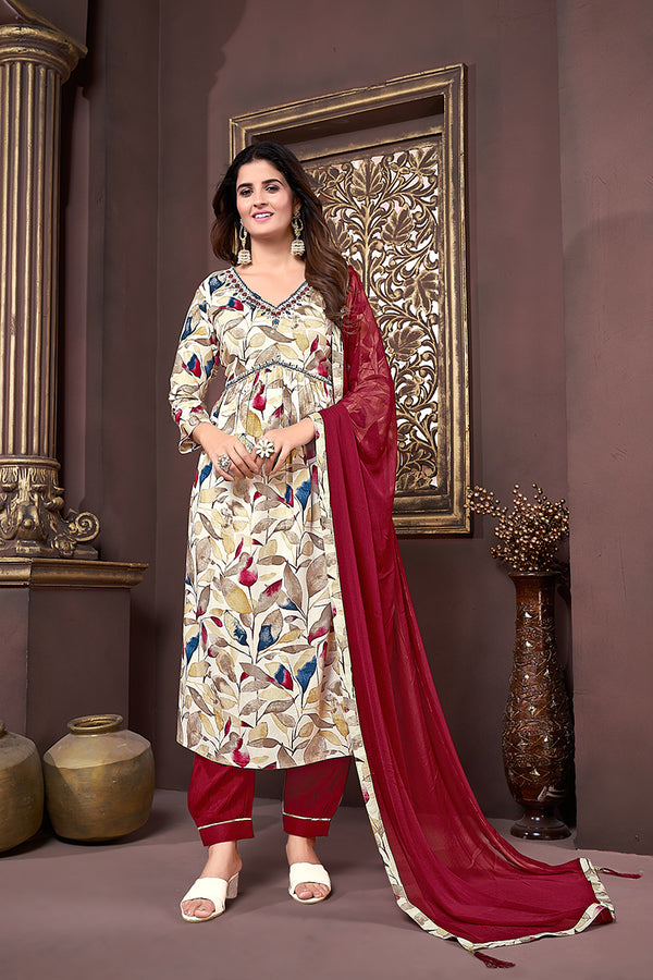 Monjolika Fashion Red Rayon Printed Festival Wear Afghani Suit