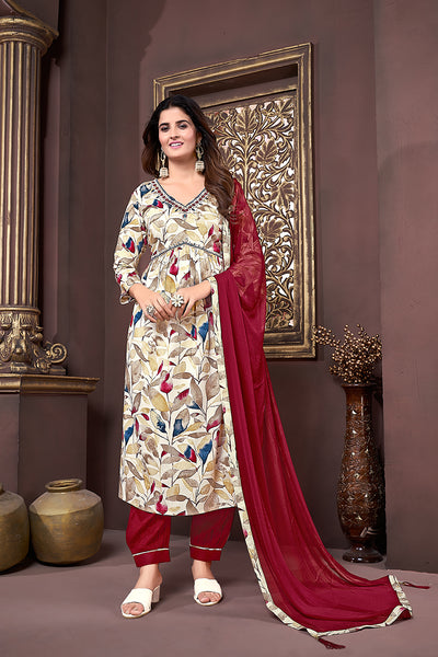 Monjolika Fashion Red Rayon Printed Festival Wear Afghani Suit