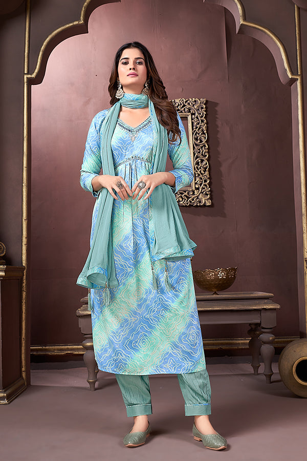 Monjolika Fashion Light Blue Rayon Printed Festival Wear Afghani Suit
