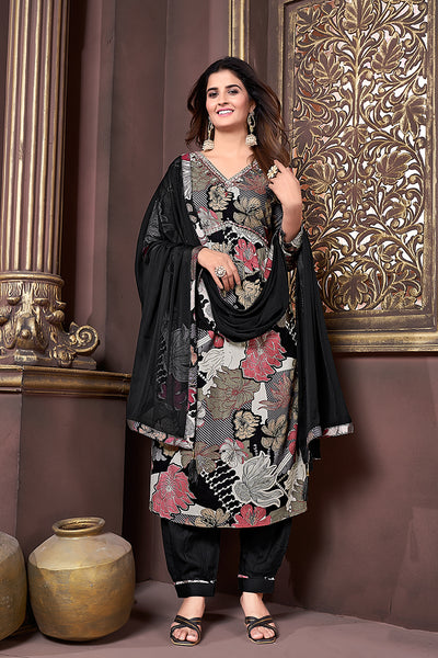 Monjolika Fashion Black Rayon Printed Festival Wear Afghani Suit