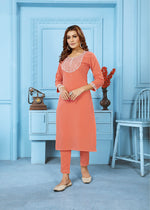 Thumbnail for Monjolika Fashion Peach Rinkal Cotton With Embroidered Work Kurti With Pant