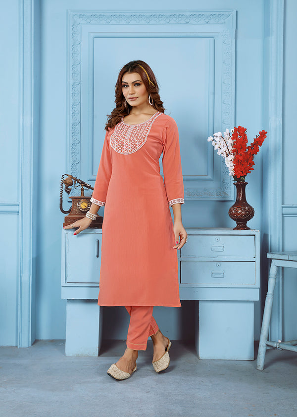 Monjolika Fashion Peach Rinkal Cotton With Embroidered Work Kurti With Pant
