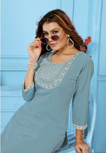 Thumbnail for Monjolika Fashion Light Grey Rinkal Cotton With Embroidered Work Kurti With Pant