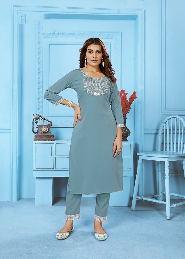 Monjolika Fashion Light Grey Rinkal Cotton With Embroidered Work Kurti With Pant