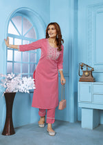 Thumbnail for Monjolika Fashion Rose Pink Rinkal Cotton With Embroidered Work Kurti With Pant