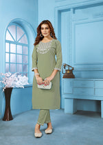 Thumbnail for Monjolika Fashion Sage Green Rinkal Cotton With Embroidered Work Kurti With Pant