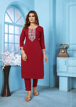 Thumbnail for Monjolika Fashion Red Rinkal Cotton With Embroidered Work Kurti With Pant