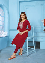 Thumbnail for Monjolika Fashion Red Rinkal Cotton With Embroidered Work Kurti With Pant