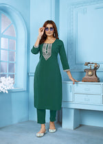 Thumbnail for Monjolika Fashion Dark Green Rinkal Cotton With Embroidered Work Kurti With Pant