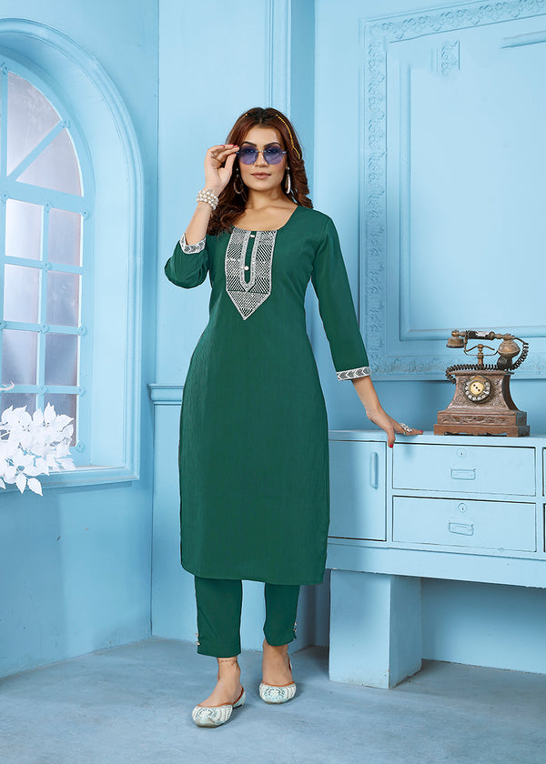 Monjolika Fashion Dark Green Rinkal Cotton With Embroidered Work Kurti With Pant