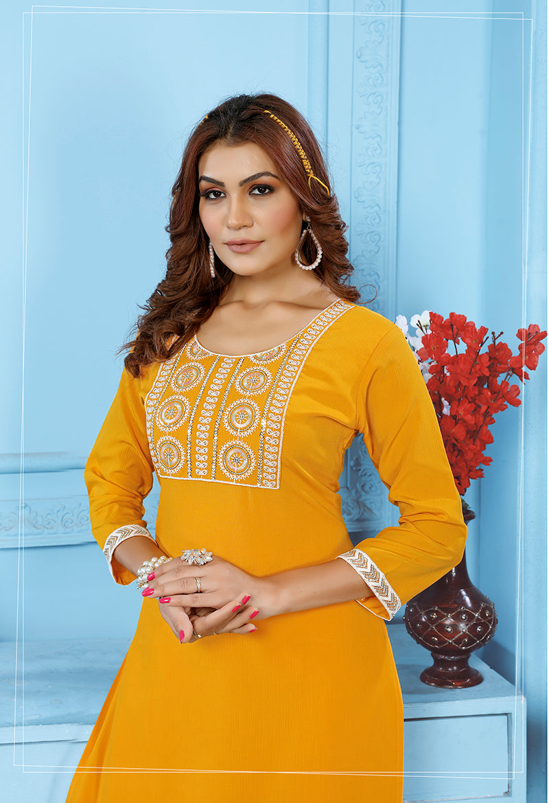Monjolika Fashion Yellow Rinkal Cotton With Embroidered Work Kurti With Pant