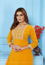 Thumbnail for Monjolika Fashion Yellow Rinkal Cotton With Embroidered Work Kurti With Pant