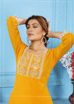Thumbnail for Monjolika Fashion Yellow Rinkal Cotton With Embroidered Work Kurti With Pant