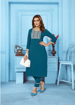 Thumbnail for Monjolika Fashion Teal Blue Rinkal Cotton With Embroidered Work Kurti With Pant