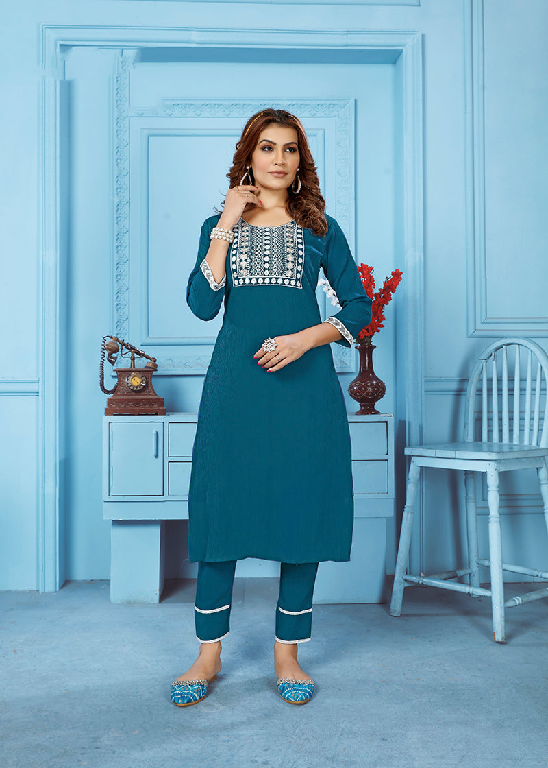 Monjolika Fashion Teal Blue Rinkal Cotton With Embroidered Work Kurti With Pant