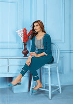 Thumbnail for Monjolika Fashion Teal Blue Rinkal Cotton With Embroidered Work Kurti With Pant