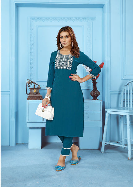 Monjolika Fashion Teal Blue Rinkal Cotton With Embroidered Work Kurti With Pant