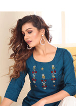 Thumbnail for Monjolika Fashion Teal Blue Vision Silk With Handmade Embroidery Kurti
