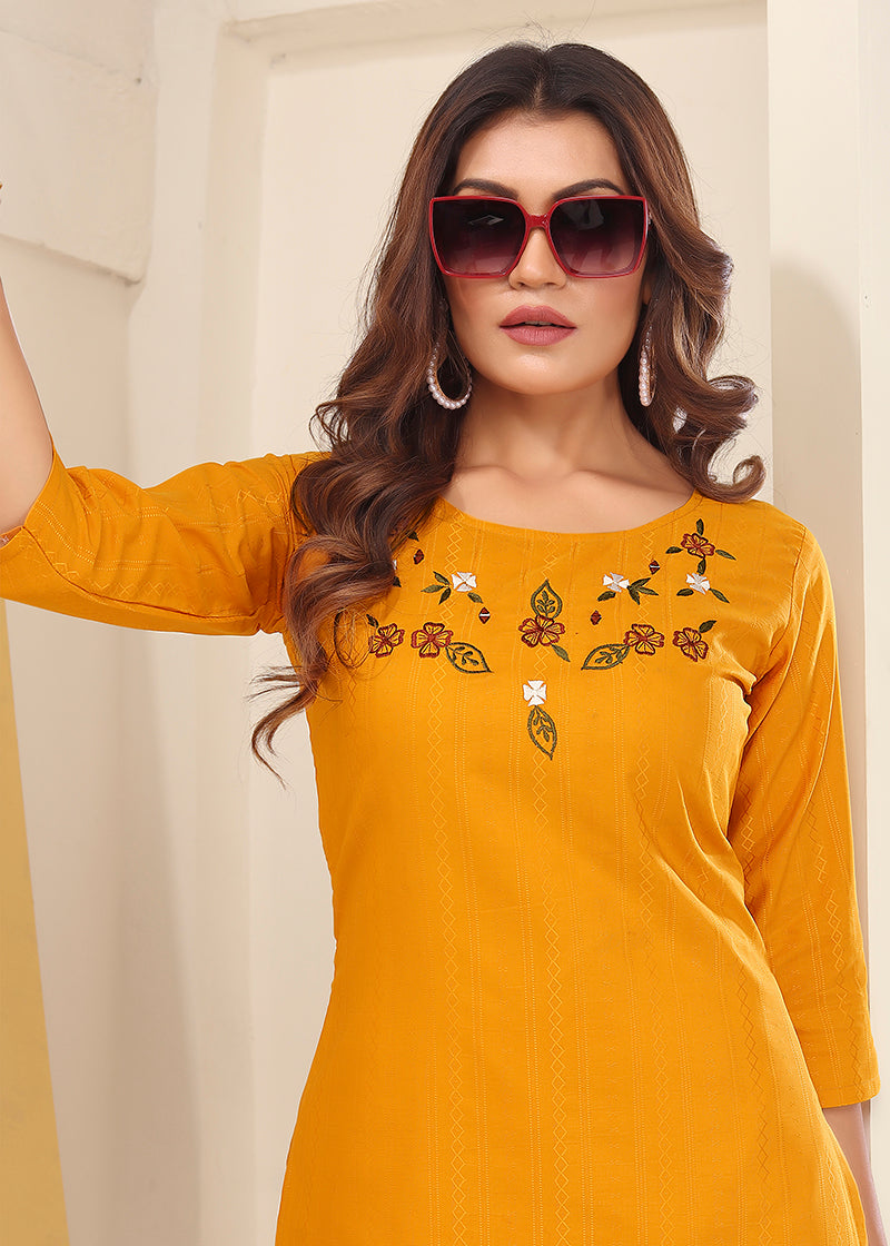 Monjolika Fashion Mustard Vision Silk With Handmade Embroidery Kurti