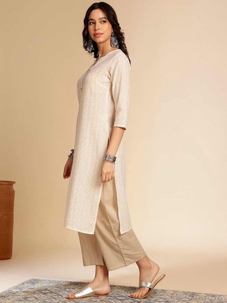 Anouk Off White Printed Mandarin Collar Cotton Straight Kurta