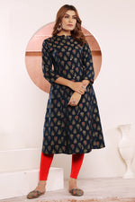Thumbnail for Monjolika Fashion Navy Blue Viscose Maslin Print With Pocket Stylish Kurti