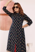 Thumbnail for Monjolika Fashion Navy Blue Viscose Maslin Print With Pocket Stylish Kurti