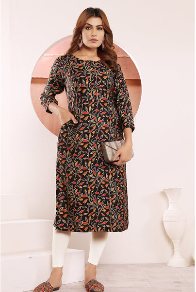 Monjolika Fashion Black Viscose Maslin Print With Pocket Stylish Kurti