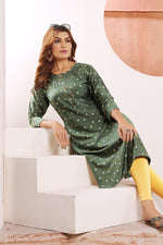 Thumbnail for Monjolika Fashion Olive Green Viscose Maslin Print With Pocket Stylish Kurti
