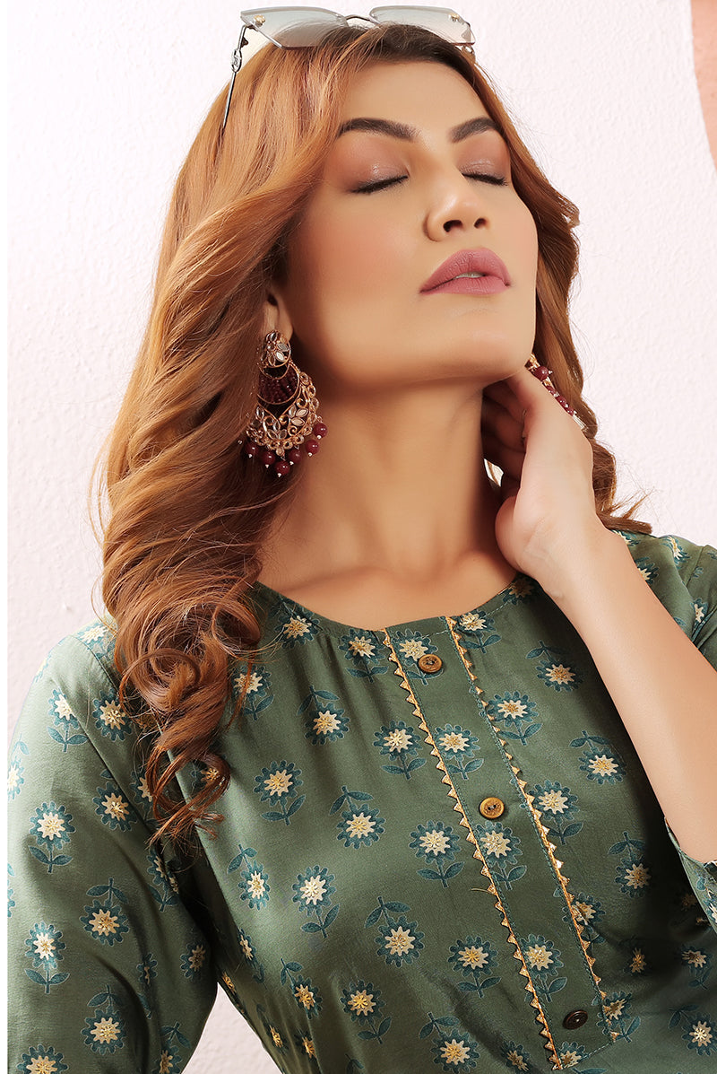 Monjolika Fashion Olive Green Viscose Maslin Print With Pocket Stylish Kurti