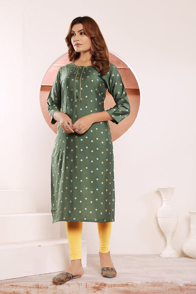 Monjolika Fashion Olive Green Viscose Maslin Print With Pocket Stylish Kurti