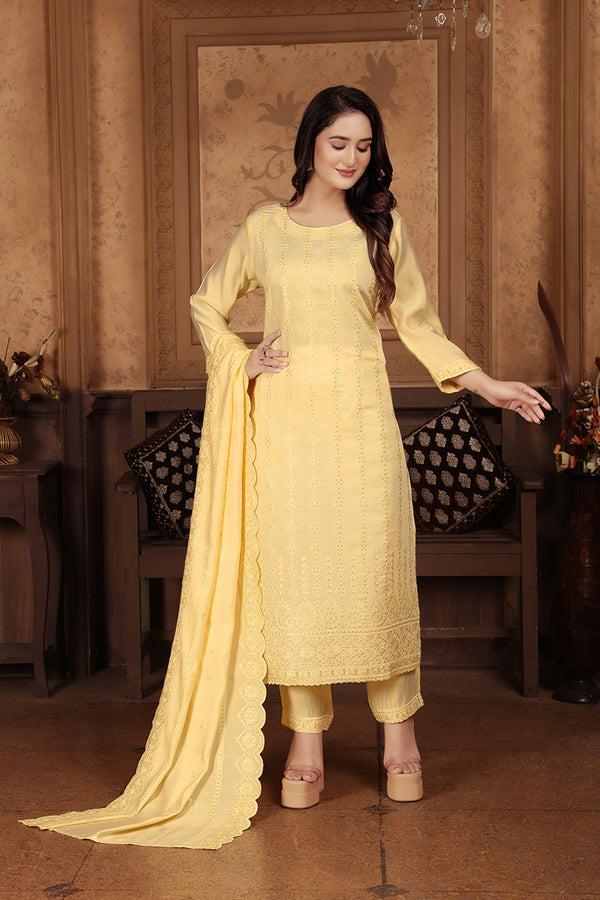 Monjolika Fashion Light Yellow Chanderi With Heavy Sequence Embroidery Classic Suit