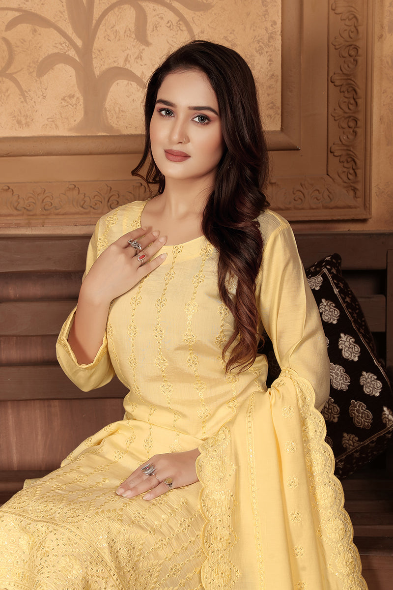 Monjolika Fashion Light Yellow Chanderi With Heavy Sequence Embroidery Classic Suit
